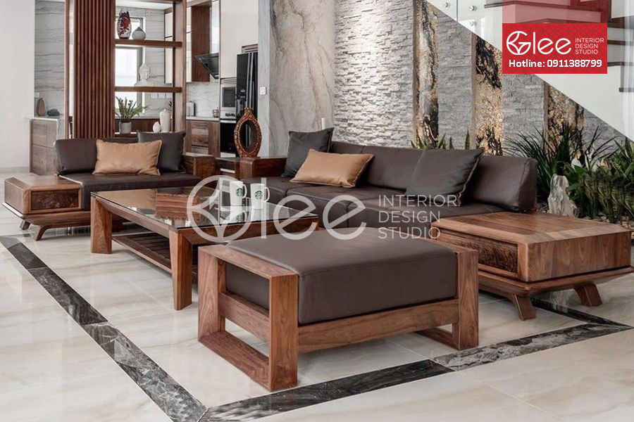 Bộ bàn ghế sofa gỗ óc chó bọc nệm da cao cấp GSG52