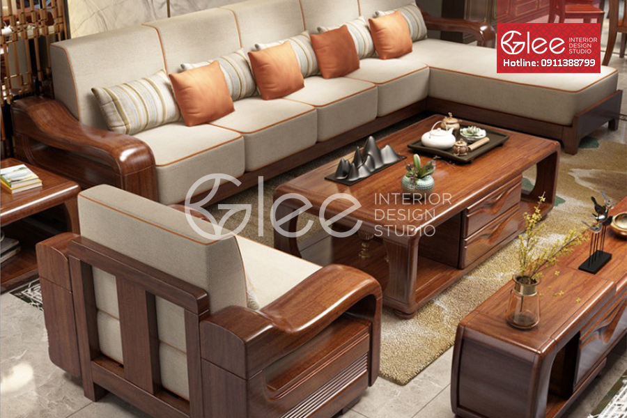 Ấn tượng không gian phòng khách với bộ bàn ghế sofa gỗ hương