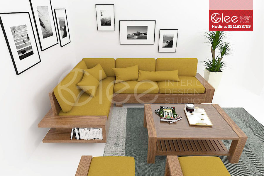 Sofa gỗ đệm nỉ kiểu dáng trẻ trung cho nhà hiện đại